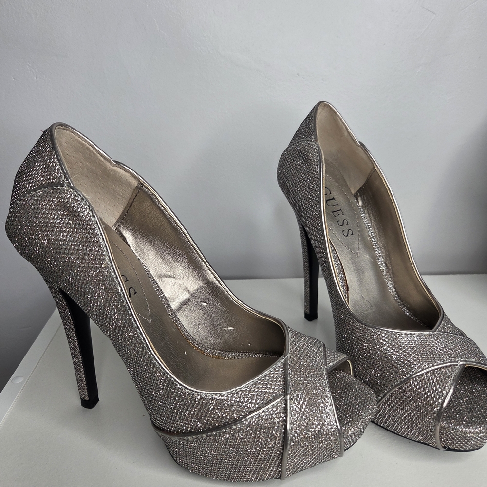 Guess Women's Silver Peep Toe Heels